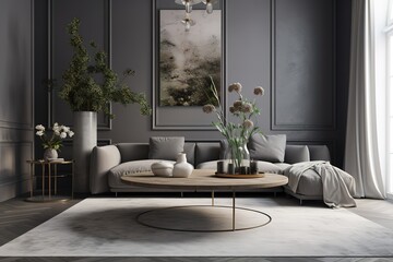Modern interior design, in a spacious room, next to a table with flowers against a gray wall. Bright, spacious room with a comfortable sofa, plants and elegant