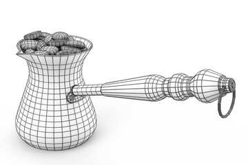 Turkish coffee cooked in sand or maker cezve with coffee bean on white