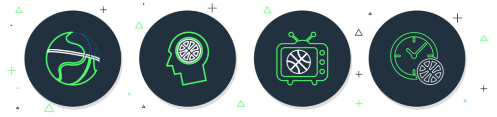 Set line Planning strategy, Location with basketball ball, Stopwatch and icon. Vector