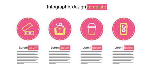 Set line Paper glass water, Megaphone on mobile, Open book and Lunch box icon. Vector