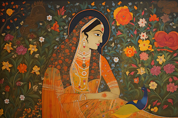 Indian traditional Mughal era style illustration of a newly wed bride. Colourful, decorative, floral background. 