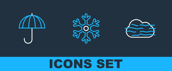 Set line Fog and cloud, Umbrella and Snowflake icon. Vector