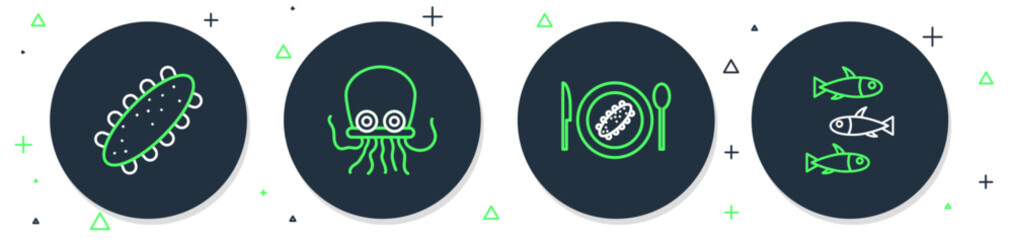 Set line Octopus, Served cucumber on a plate, Sea and Fishes icon. Vector