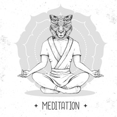 Hand drawing hipster animal cheetah meditating in lotus position on mandala background. Vector illustration