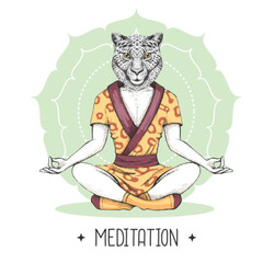 Hand drawing hipster animal cheetah meditating in lotus position on mandala background. Vector illustration