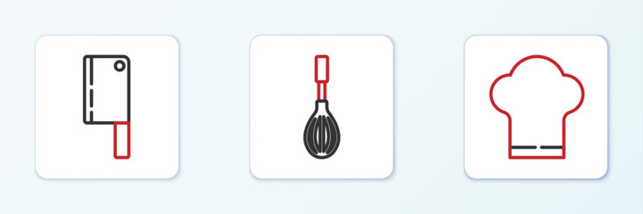Set line Chef hat, Meat chopper and Kitchen whisk icon. Vector