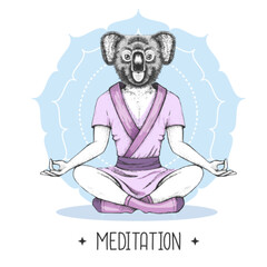 Hand drawing hipster animal koala meditating in lotus position on mandala background. Vector illustration