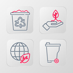 Set line Trash can, Earth globe and leaf, Plant in hand and Recycle bin with recycle icon. Vector