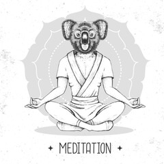 Hand drawing hipster animal koala meditating in lotus position on mandala background. Vector illustration