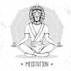 Hand drawing hipster animal lion meditating in lotus position on mandala background. Vector illustration
