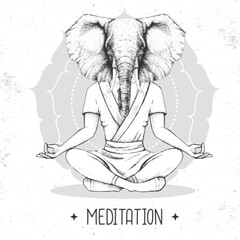Hand drawing hipster animal elephant meditating in lotus position on mandala background. Vector illustration