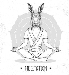Hand drawing hipster animal rabbit meditating in lotus position on mandala background. Vector illustration