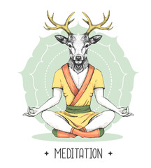 Hand drawing hipster animal deer meditating in lotus position on mandala background. Vector illustration