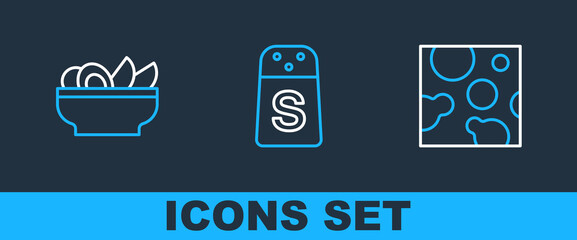 Set line Cheese, Nachos in plate and Salt icon. Vector