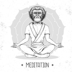 Hand drawing hipster animal monkey meditating in lotus position on mandala background. Vector illustration