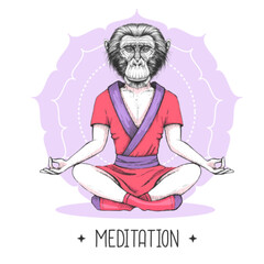 Hand drawing hipster animal monkey meditating in lotus position on mandala background. Vector illustration