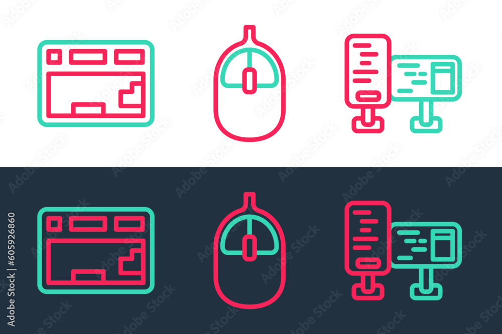 Poster set line computer monitor screen, keyboard and mouse icon. vector