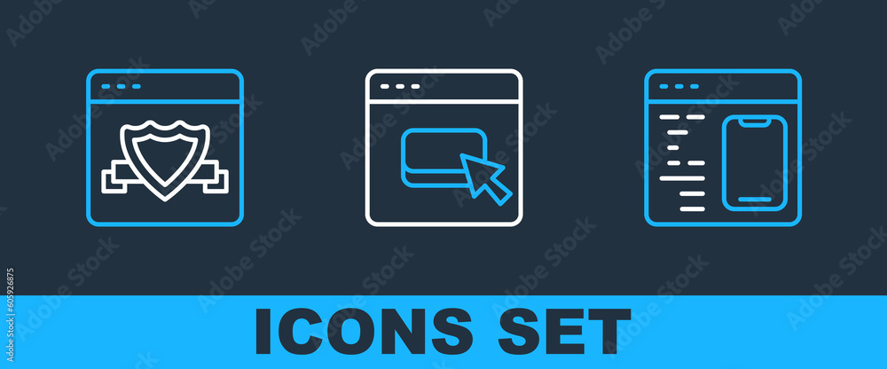 Poster set line software, browser with shield and files icon. vector