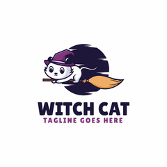 Vector Logo Illustration Witch Cat Mascot Cartoon Style.