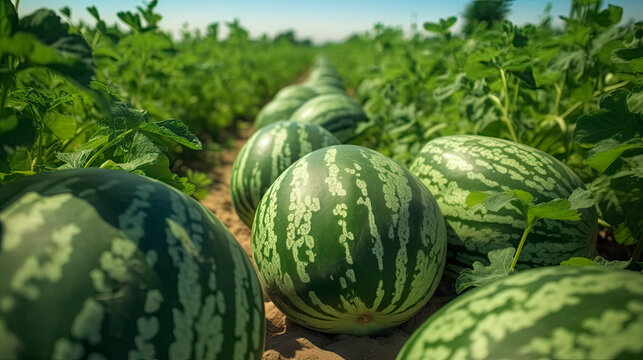 Mature big watermelons in the watermelon field, background blurry. Generative AI