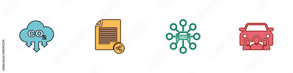 Canvas Prints Set CO2 emissions in cloud, Share file, Car sharing and icon. Vector