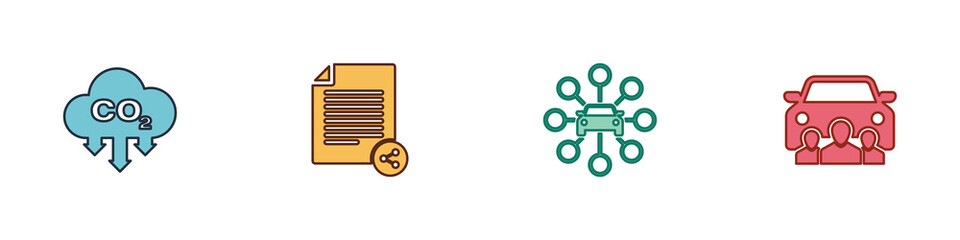 Set CO2 emissions in cloud, Share file, Car sharing and icon. Vector