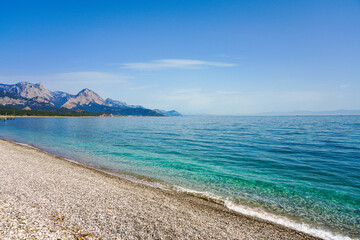 Mediterranean Sea near Kemer. Landscape in Turkey. Nature with the Taurus Mountains in the background.
