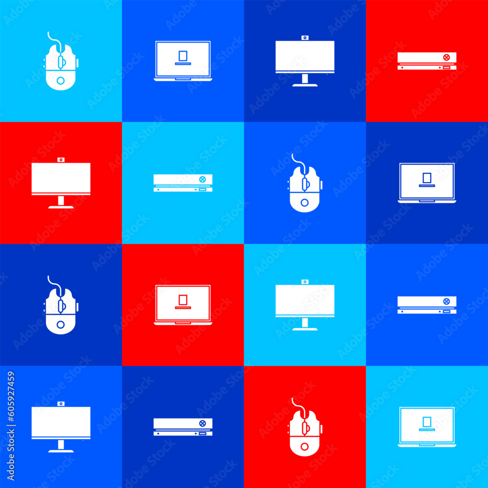 Poster set computer mouse gaming, laptop, monitor and video game console icon. vector
