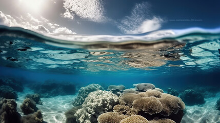 Obraz premium An underwater view of a coral reef with a cloud in sky and a blue sky in the background, with a small amount of water bubbles in the foreground. Generative AI