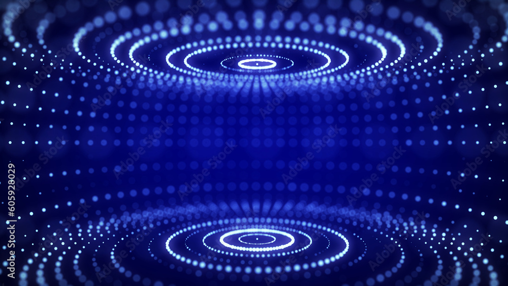 Poster Futuristic blue circular particle flow. Structure of network connections. Data compression technology. Big data visualization. 3D rendering.