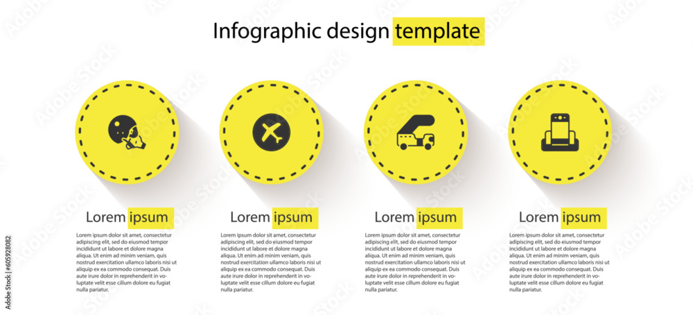 Sticker set modern pilot helmet, plane, passenger ladder and metal detector in airport. business infographic