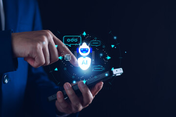 Chatbot concept. open AI, Artificial Intelligence. businessman using technology smart robot AI,...