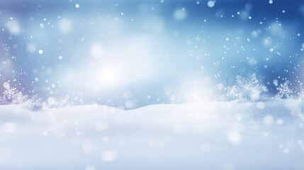 Fototapeta premium Festive Christmas natural snowy background, abstract empty stage, snow, snowdrift and defocused Christmas lights on light blue background, copy space