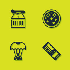 Set Plane, Airline ticket, Parachute and Radar with targets on monitor icon. Vector