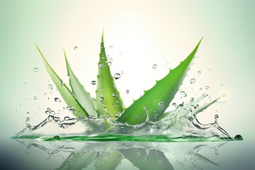 Cosmetic aloe vera leaves in water splash. Generative AI - obrazy, fototapety, plakaty