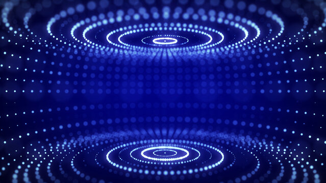 Futuristic blue circular particle flow. Structure of network connections. Data compression technology. Big data visualization. 3D rendering.