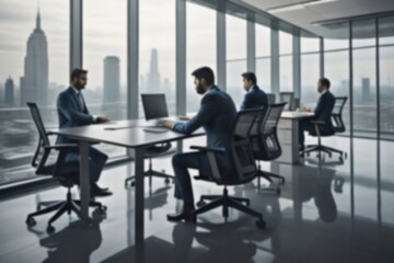 Blurred business people working in a modern office. Generative AI.