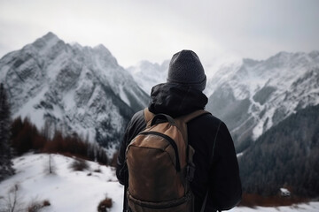 Fototapeta na wymiar Travelling in snowy mountains alone.