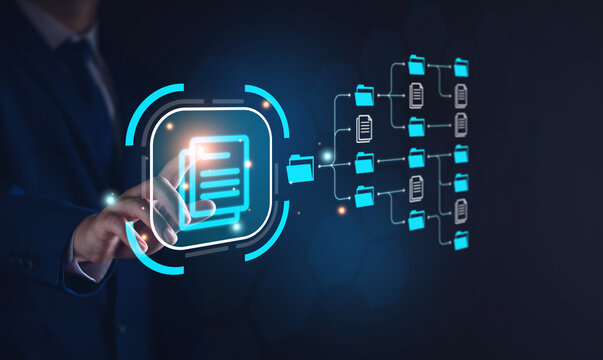 Document management system, DMS and business process system automation technology. Finger touching document icon on virtual screen. File storage data and archiving. ERP. software Folder structure.
