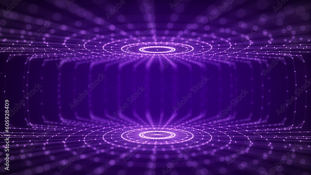 Poster Futuristic purple circular particle flow. Structure of network connections. Data compression technology. Big data visualization. 3D rendering.