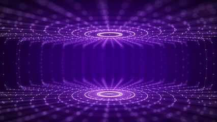 Futuristic purple circular particle flow. Structure of network connections. Data compression technology. Big data visualization. 3D rendering.