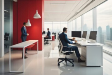 Blurred business people working in a modern office. Generative AI.