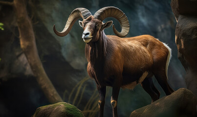 photo of mouflon in its natural habitat. Generative AI