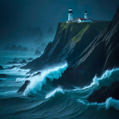 lighthouse in the sea with heavy waves landscape ai_generated