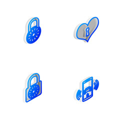 Set Isometric line Heart with keyhole, Safe combination lock wheel, and Smart car alarm system icon. Vector