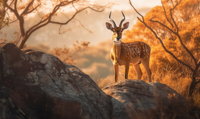 Photo of nyala, majestically standing atop a rocky outcrop, framed by the golden hues of the African savannah, sunlight emphasizing its curved horns, intricate markings and elegant form. Generative AI