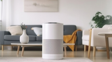 Air purifier in cozy white living room for filter and cleaning removing dust and virus in home, Generative AI