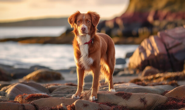 Photo of Nova Scotia duck tolling retriever standing alertly on a rocky shoreline, with waves crashing behind it, lighting casting a warm glow over the dog's bright coat. Generative AI