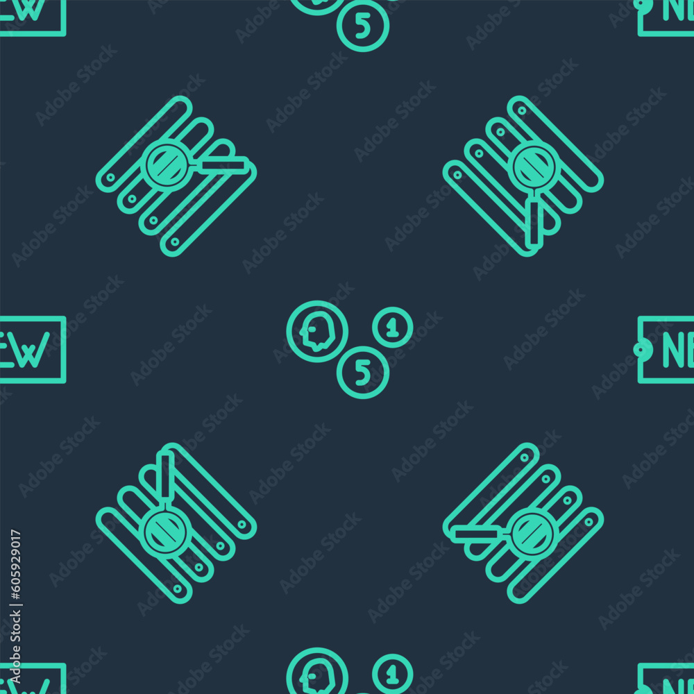 Poster set line coin money, search a browser window and price tag with text new on seamless pattern. vector