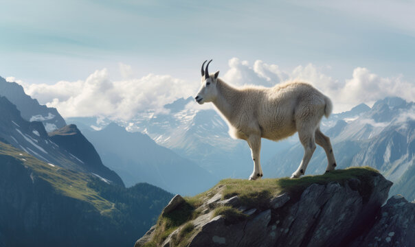 Mountain Goat: Ruler of the Alpine Kingdom. Photo of mountain goat, standing majestically atop a rocky cliff overlooking a breathtaking alpine landscape. Generative AI